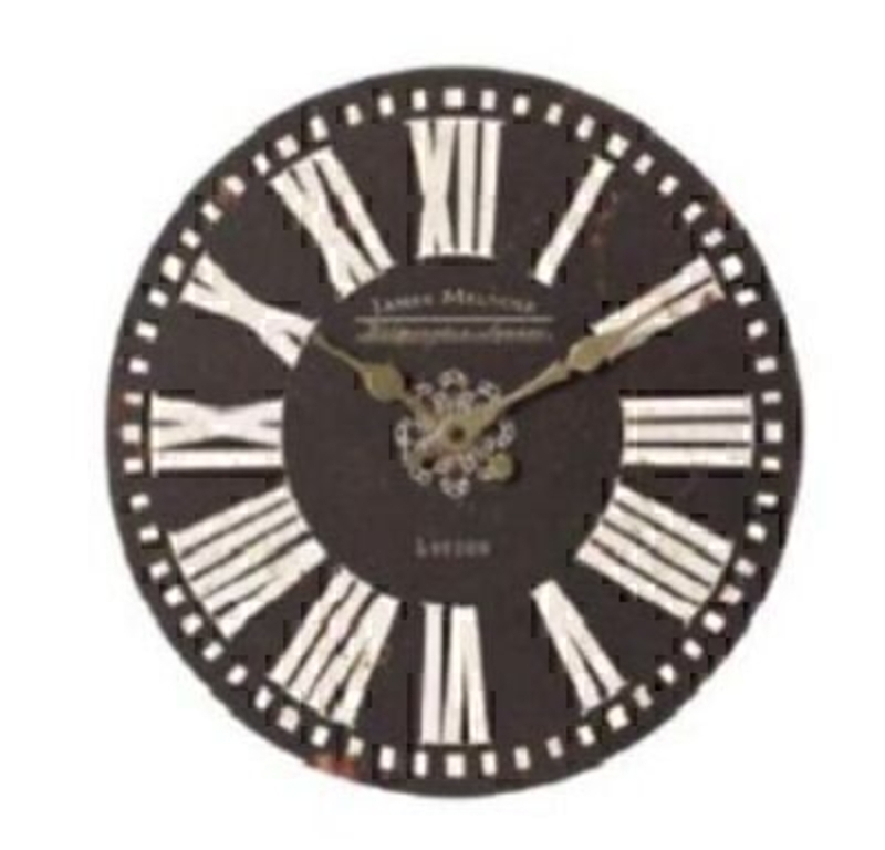 Shabby chic wooden clock by Heaven Sends with black and white floral design. Would make a great new home give. Diameter 35cm